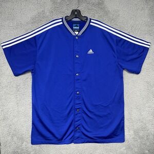 VTG adidas Basketball Warm Up Jersey Men XL Blue Side Stripes V Neck Snap Button
